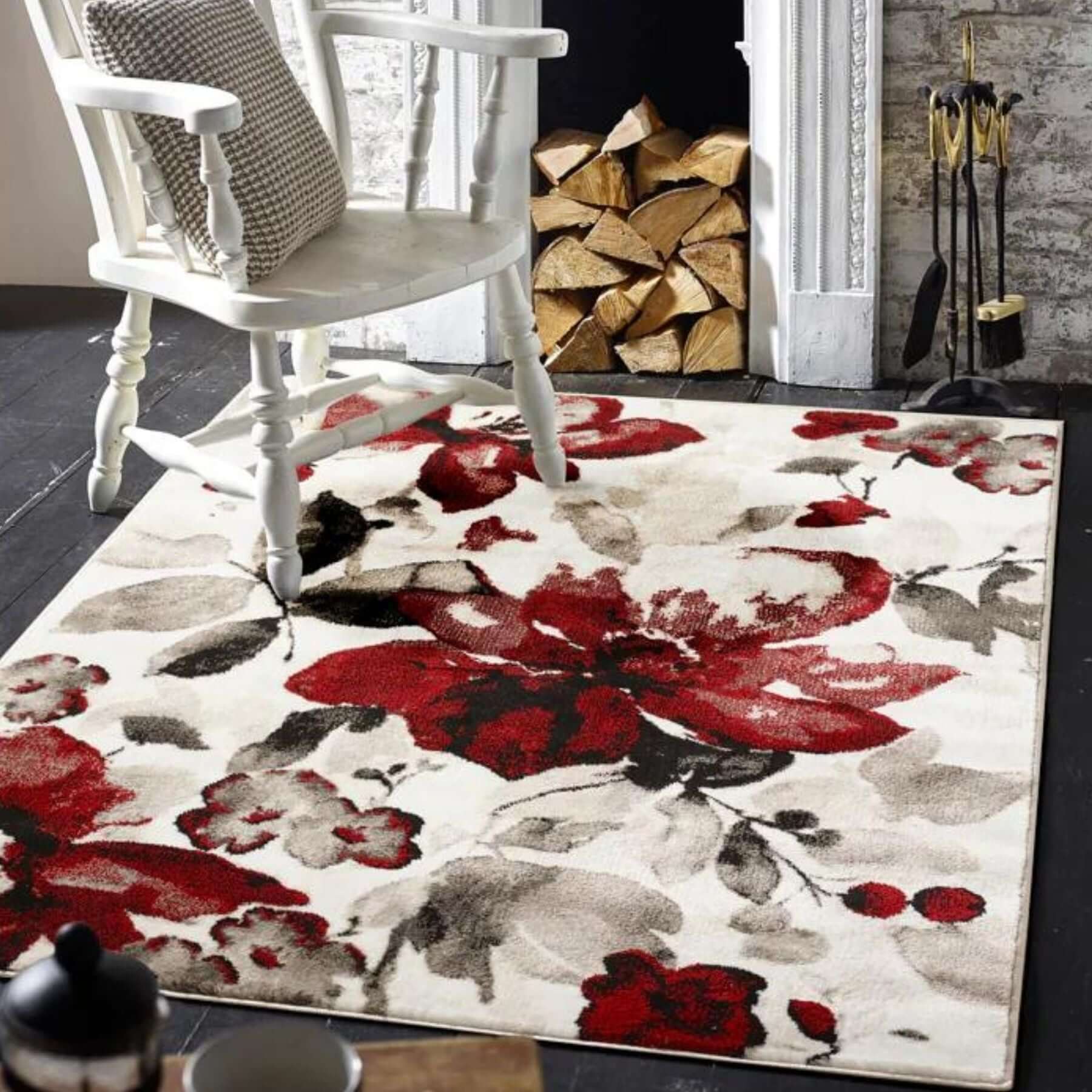 Watercolour Floral Design Rug - Red  | S25373 |