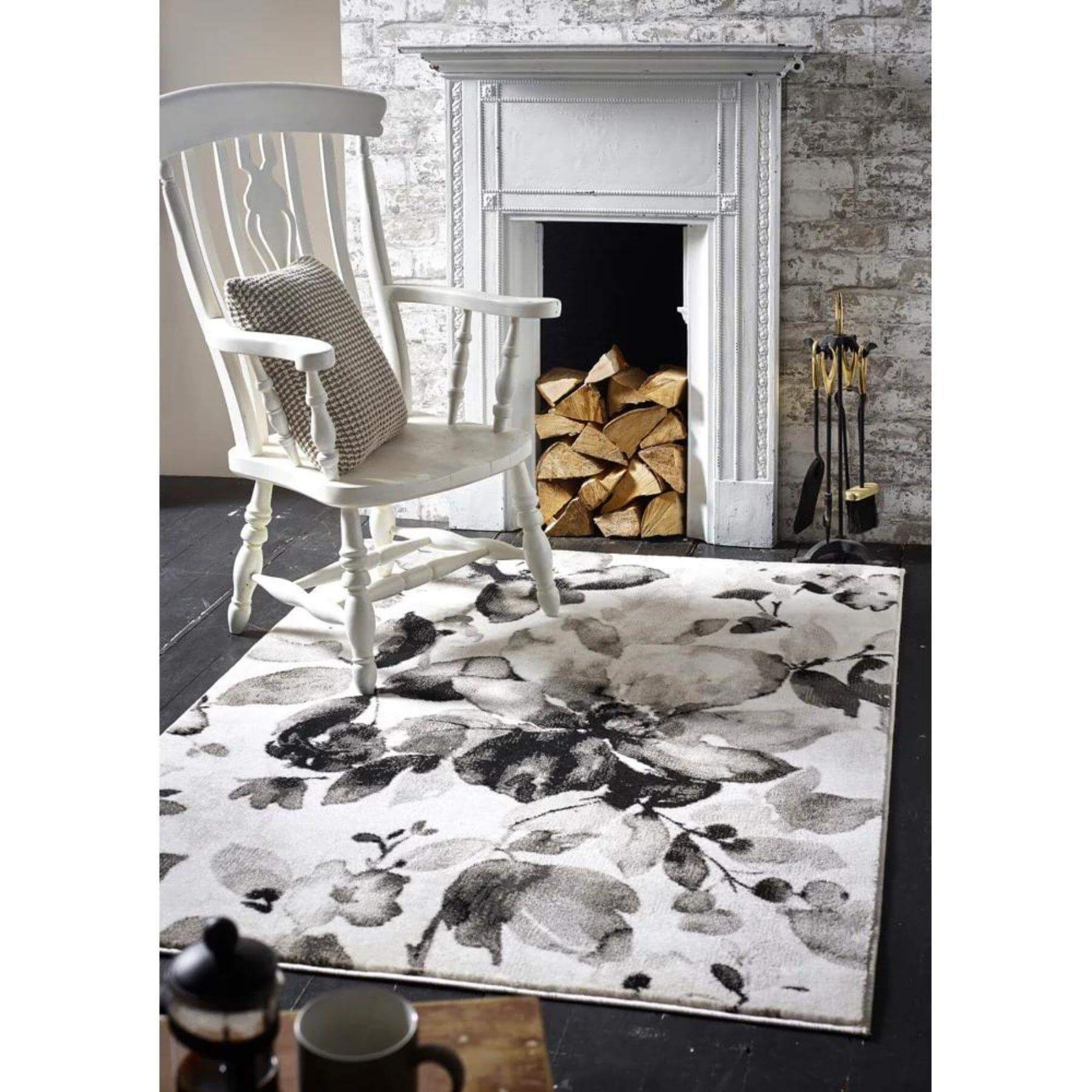 Watercolour Floral Design Rug - Grey  | S25371 |