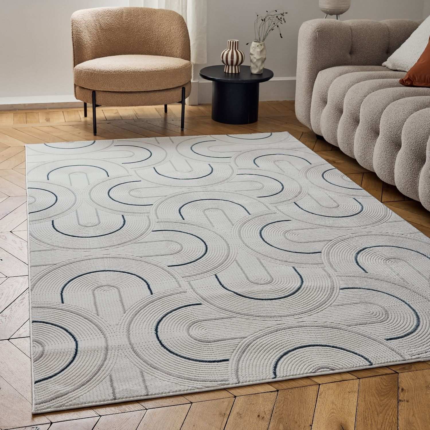Caramel Cream-Blue Geometric Rug | 6070