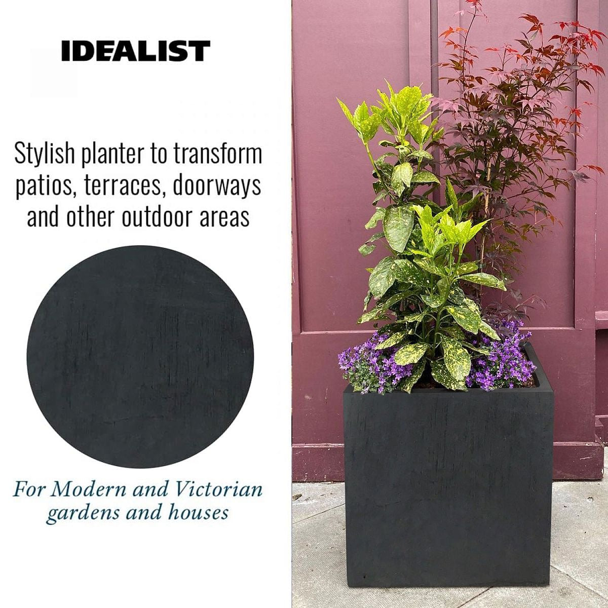 IDEALIST Lite Contemporary Flower Box  | S25351 | Square Garden Planter, Faux Lead Light Concrete Outdoor Large Plant Pot H60 L60 W60 cm, 195L