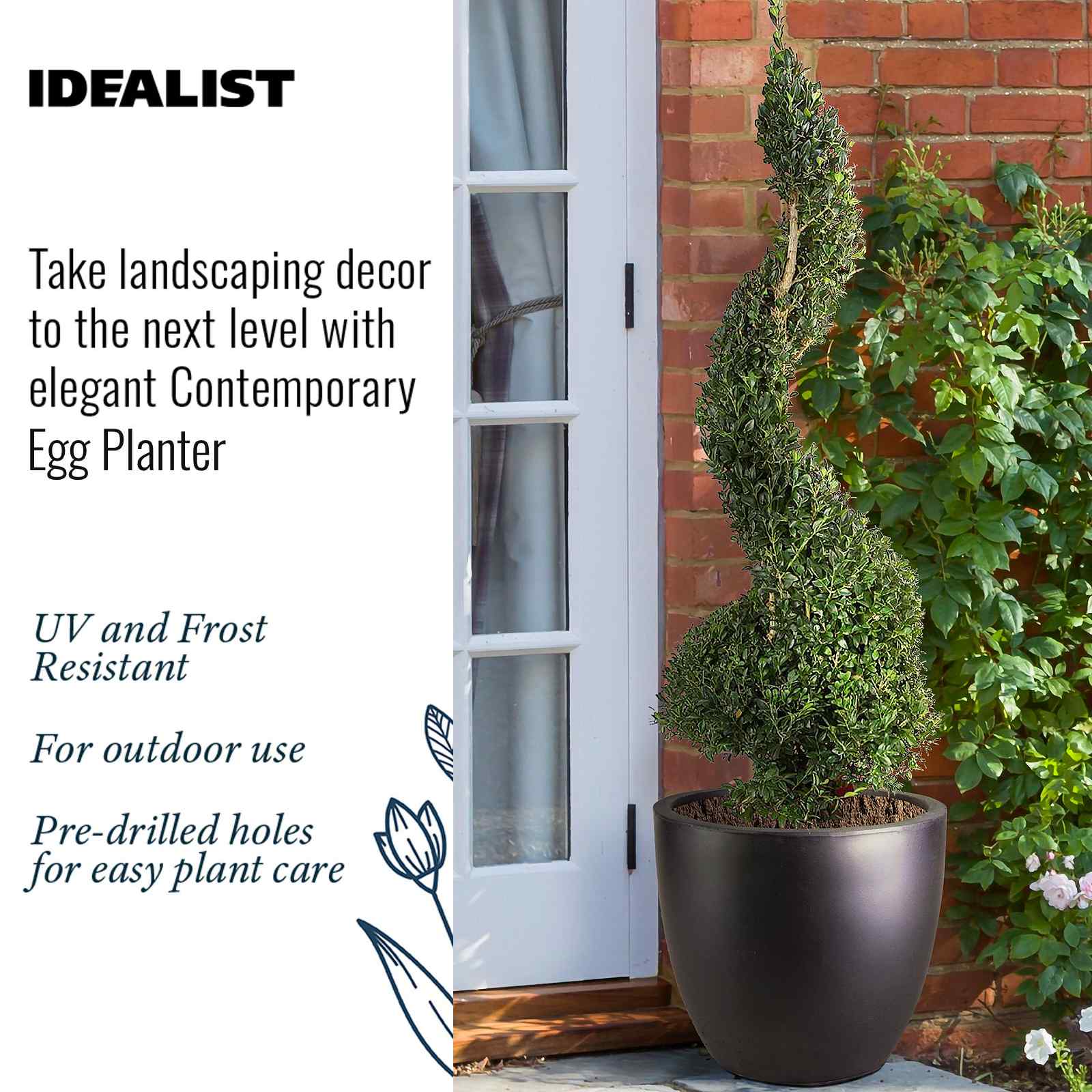 IDEALIST Lite 50cm Large Garden Planter for Trees |  | S25344 |Washed Light Concrete Egg Round Planter | Contemporary Outdoor Plant Pot D50 H50 cm, 98L