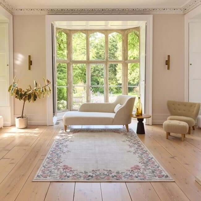 Eco-Washable Cream Rug Flower Design  | S25401 |