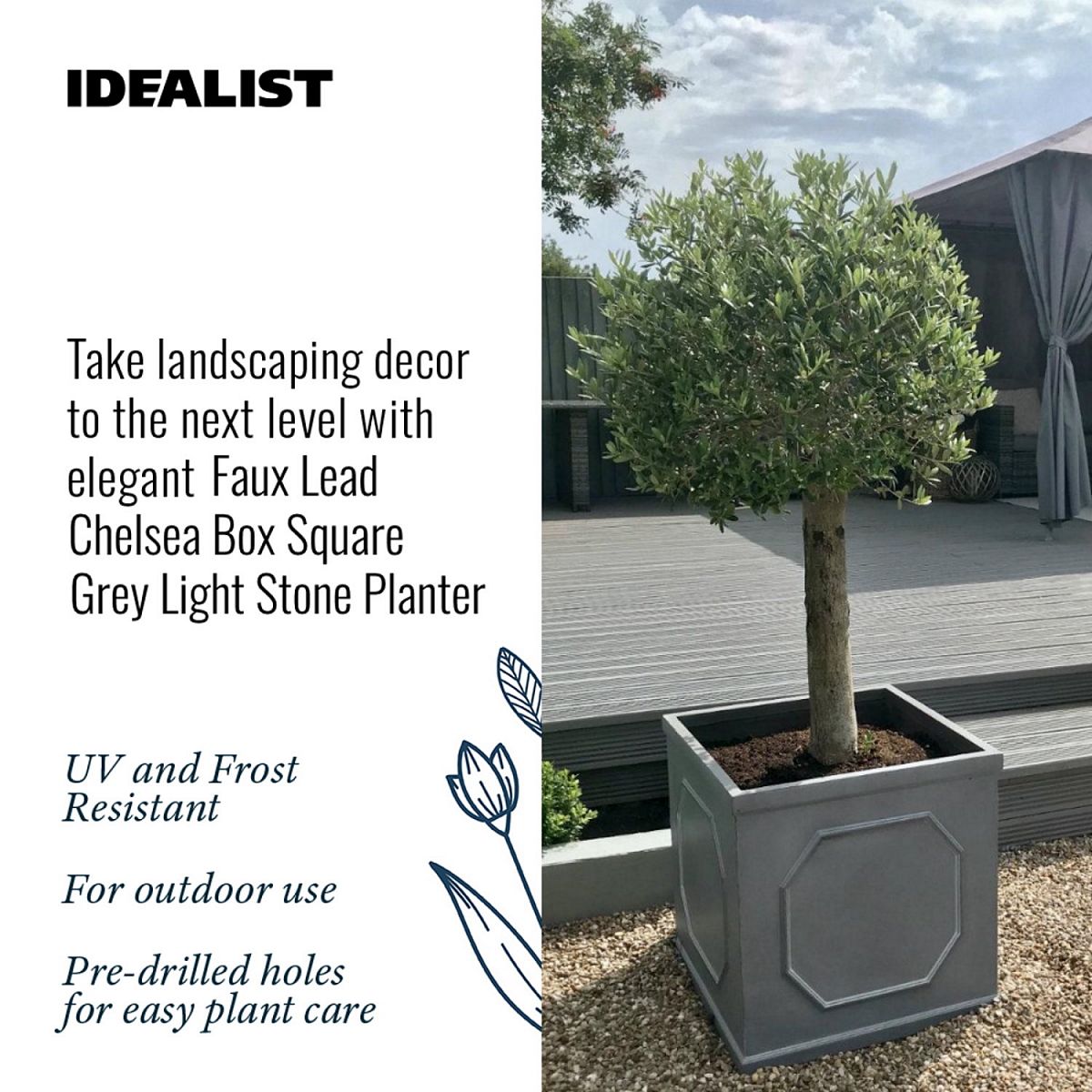 IDEALIST Lite Chelsea Flower Box Square Garden Planter, Faux Lead Light Stone Outdoor  | S25350 | Plant Pot W30 H30 L30 cm, 27L