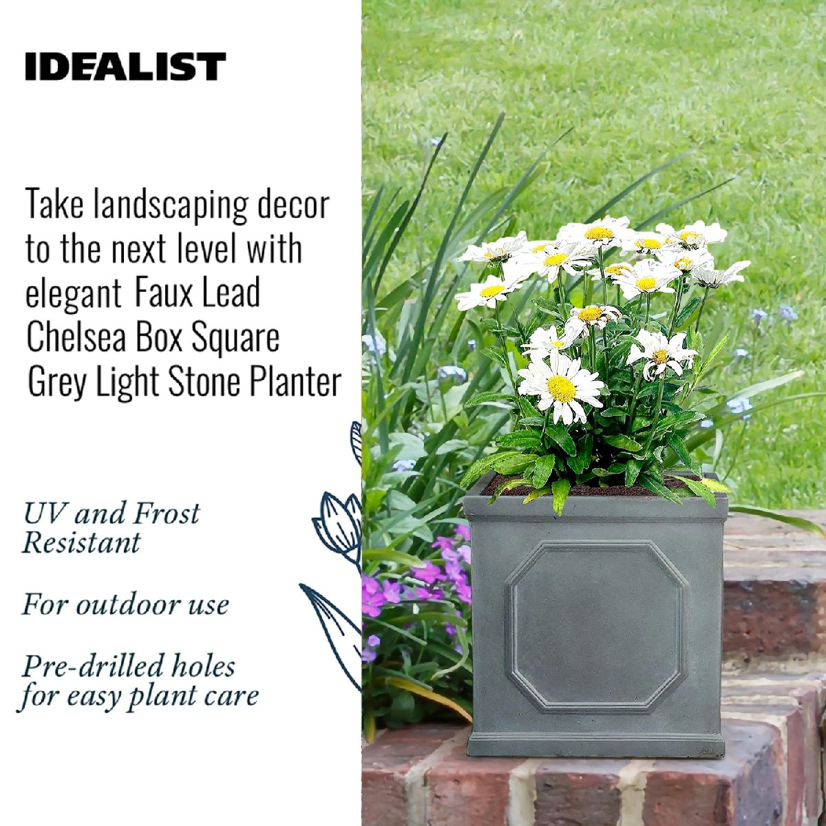 IDEALIST Lite Chelsea Flower Box Square Garden Planter, Faux Lead Light Stone Outdoor Plant | S25346 | Pot W22 H22 L22 cm, 11L