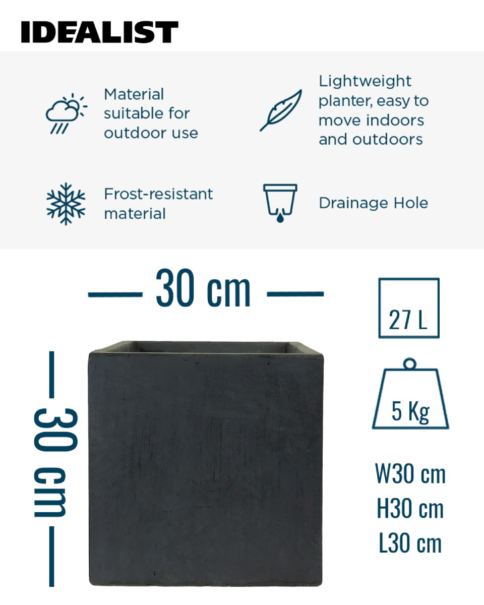 IDEALIST Lite Contemporary Flower Box Square Garden Planter, Light Concrete Outdoor Plant | S25347 |Pot H30 L30 W30 cm, 27L