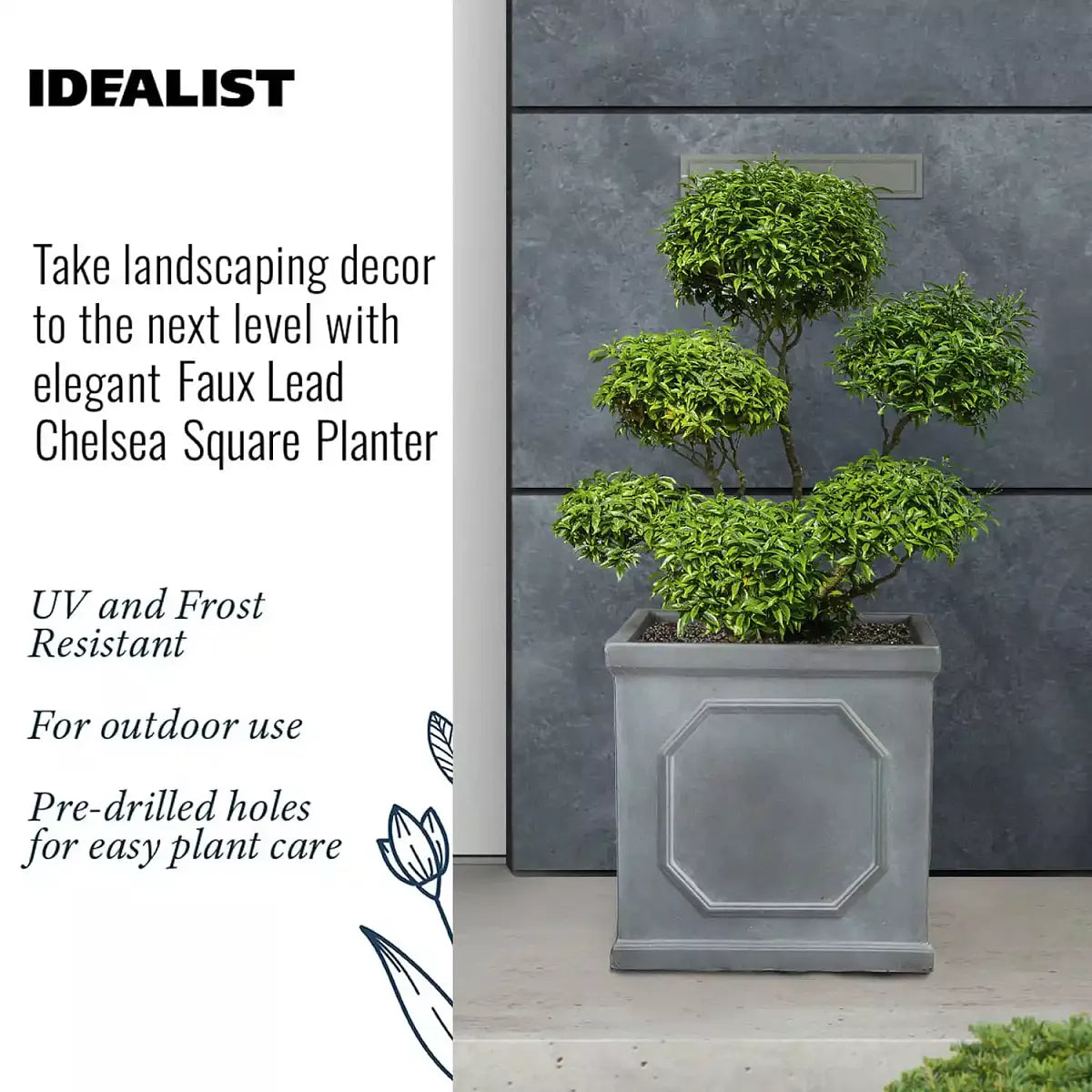 IDEALIST Lite Chelsea Flower Box Square Garden Planter, Faux Lead Grey Light Stone Outdoor   | S25349 | Large Plant Pot W45 H45 L45 cm, 91L