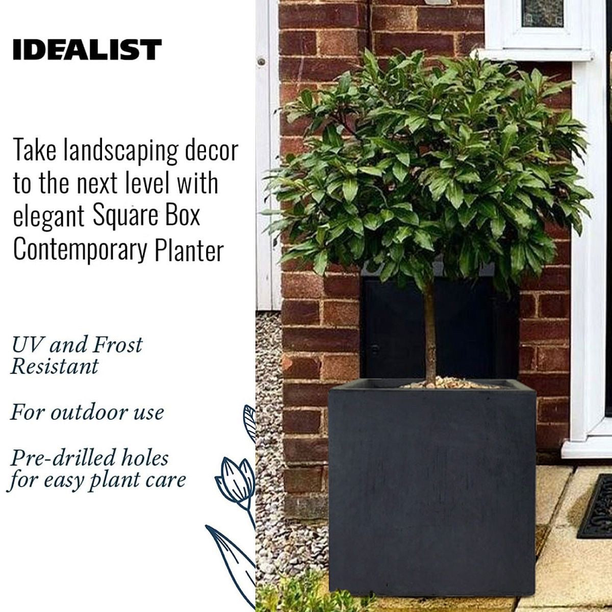IDEALIST Lite Contemporary Flower Box  | S25351 | Square Garden Planter, Faux Lead Light Concrete Outdoor Large Plant Pot H60 L60 W60 cm, 195L