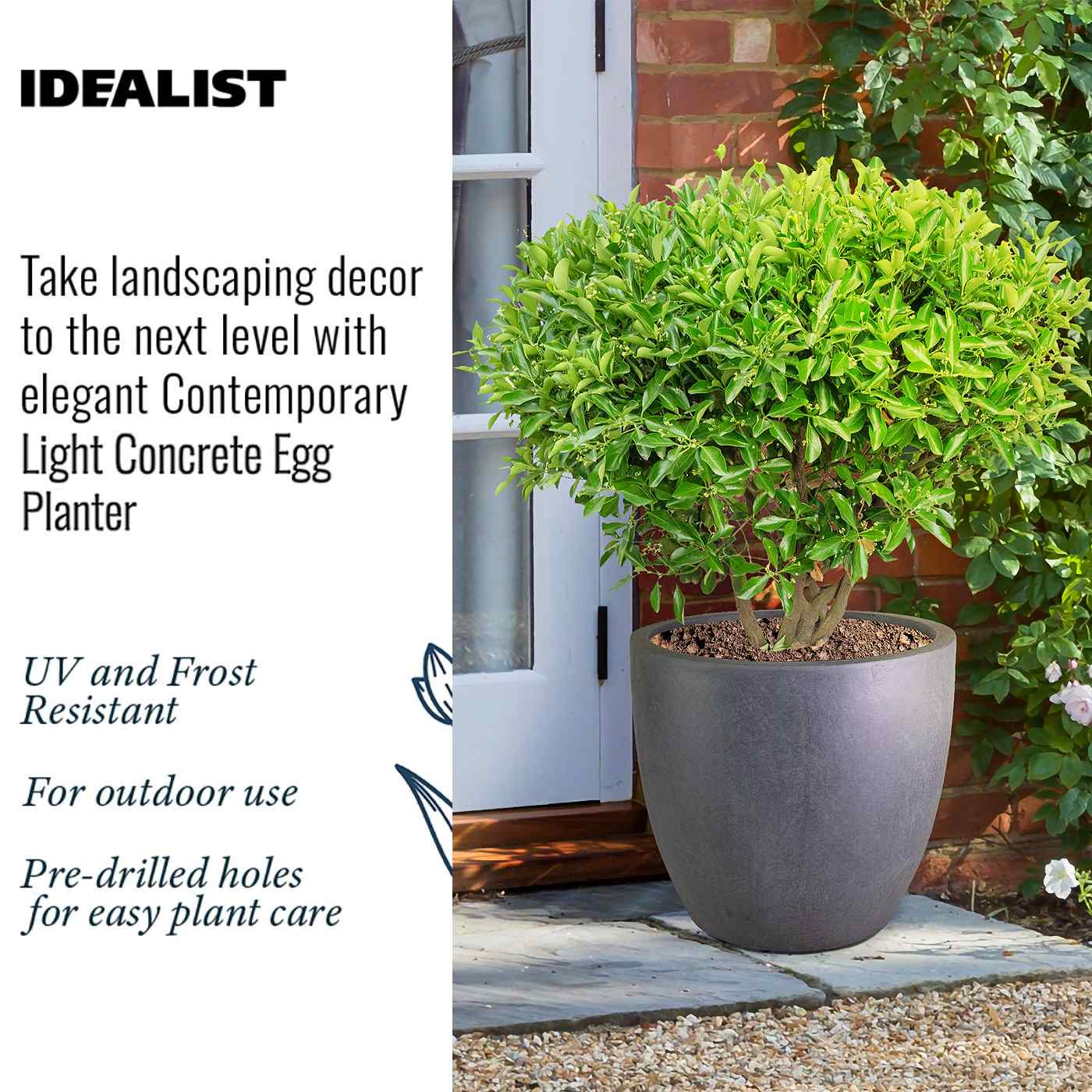 IDEALIST Lite 50cm Large Garden Planter for Trees |  | S25344 |Washed Light Concrete Egg Round Planter | Contemporary Outdoor Plant Pot D50 H50 cm, 98L