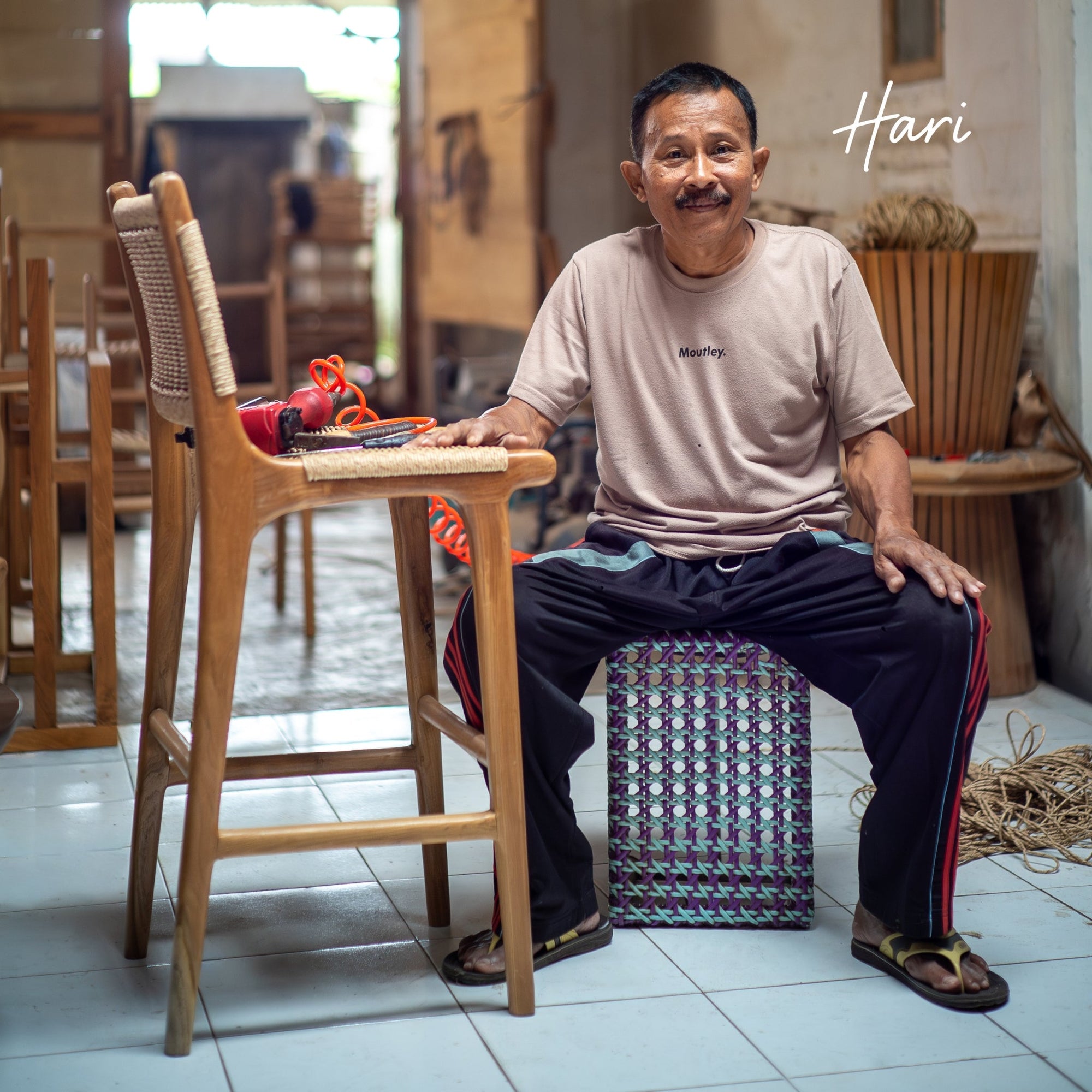 Zara Teak & Rattan Bar Stool With Armrest