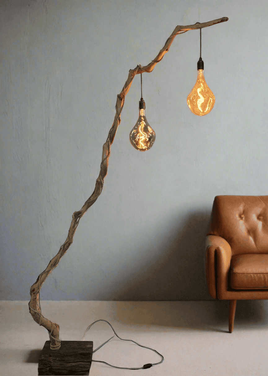 Charlotte – Double-Bulb Branch Floor Lamp with Reclaimed Timber Base  | S251489