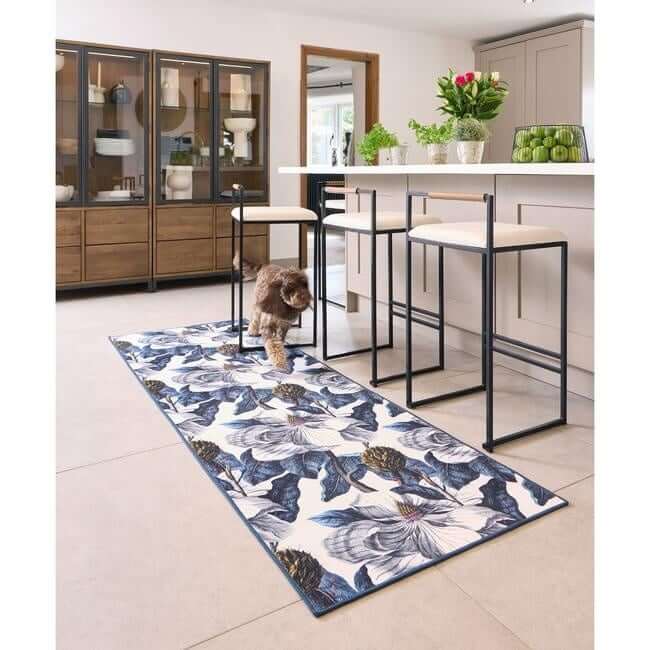 Eco-Washable Blue Rug Floral Design  | S25397|