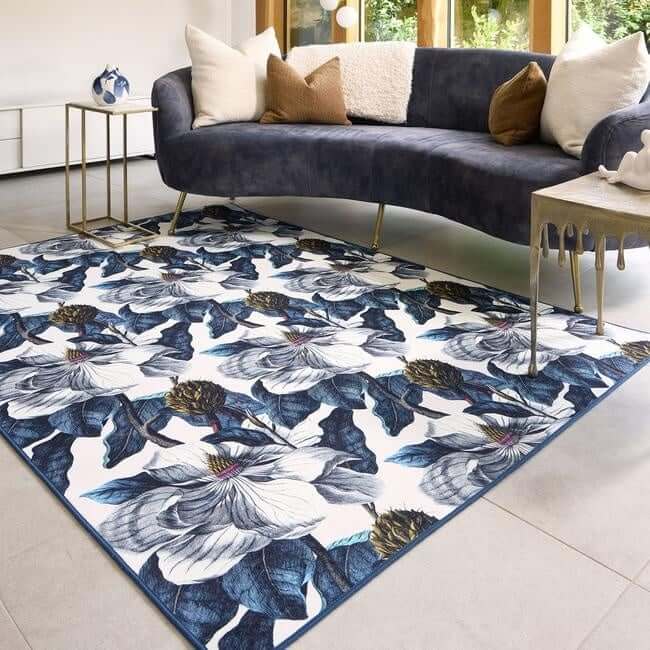 Eco-Washable Blue Rug Floral Design  | S25397|