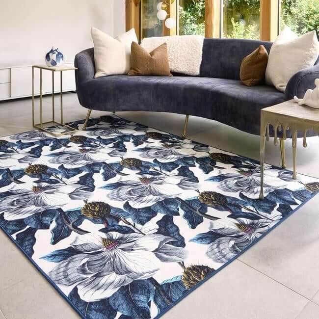 Eco-Washable Blue Rug Floral Design  | S25397|