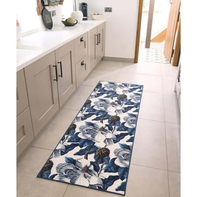 Eco-Washable Blue Rug Floral Design  | S25397|