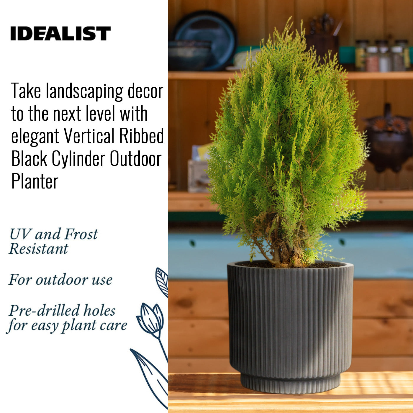 IDEALIST Lite Vertical Ribbed Black Cylinder Outdoor Planter  | S25343