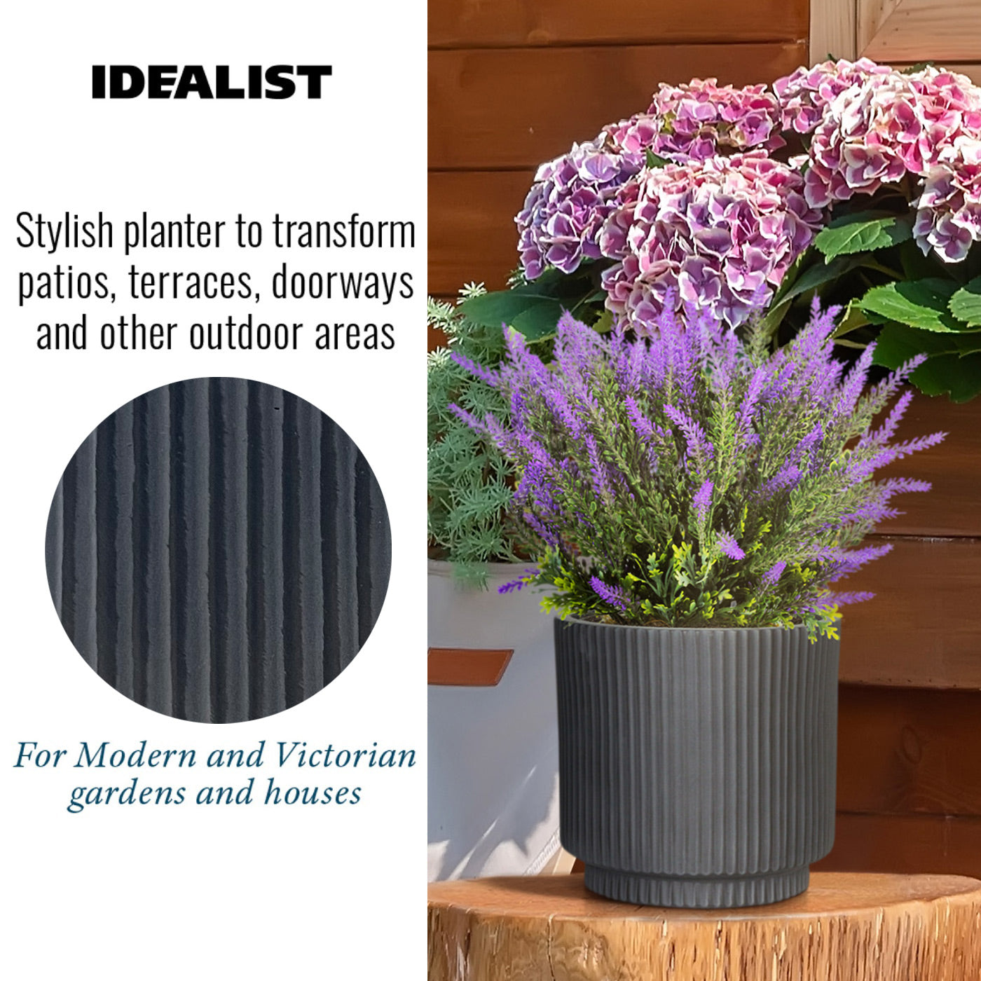 IDEALIST Lite Vertical Ribbed Black Cylinder Outdoor Planter  | S25343