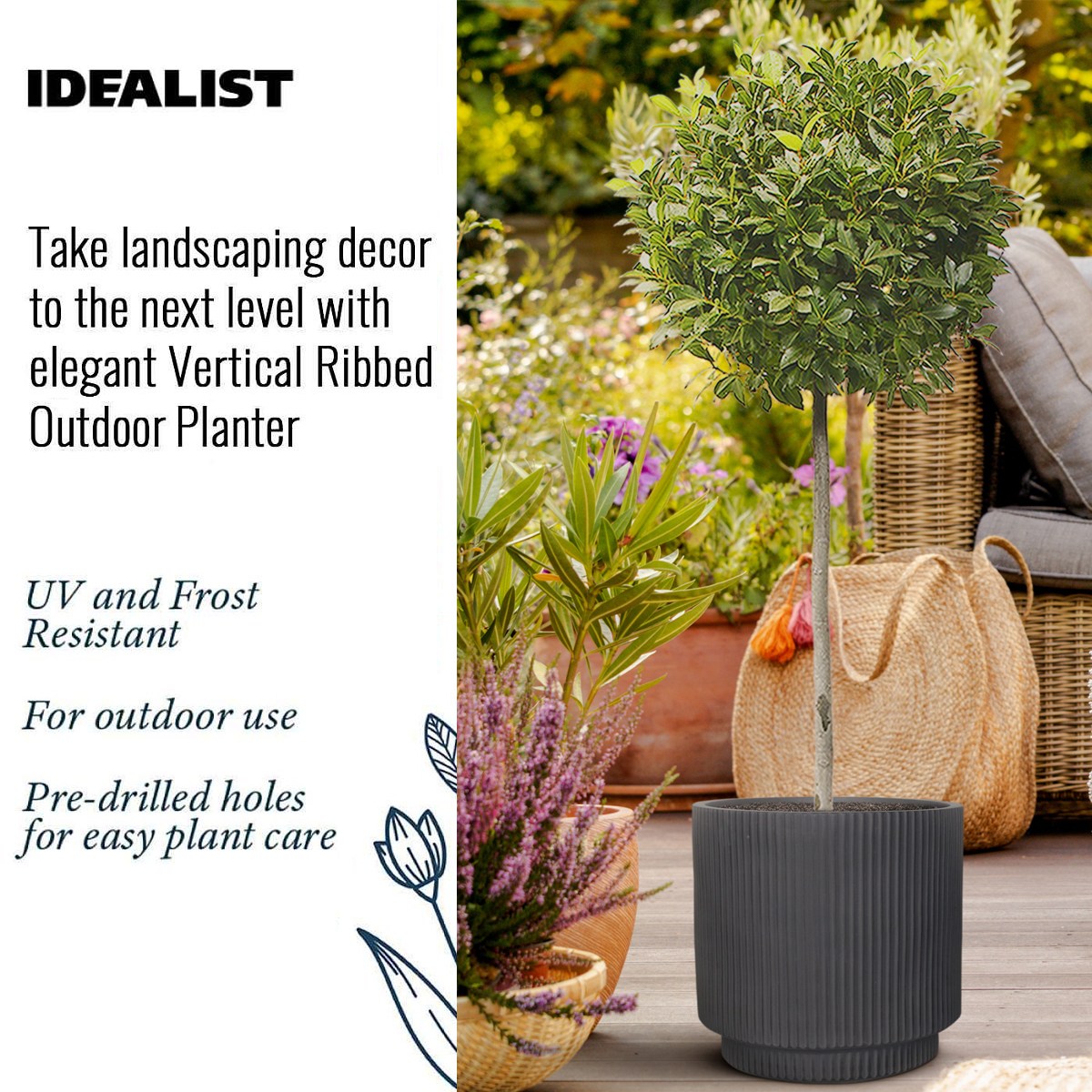 IDEALIST Lite Vertical Ribbed Black Cylinder Outdoor Planter  | S25343