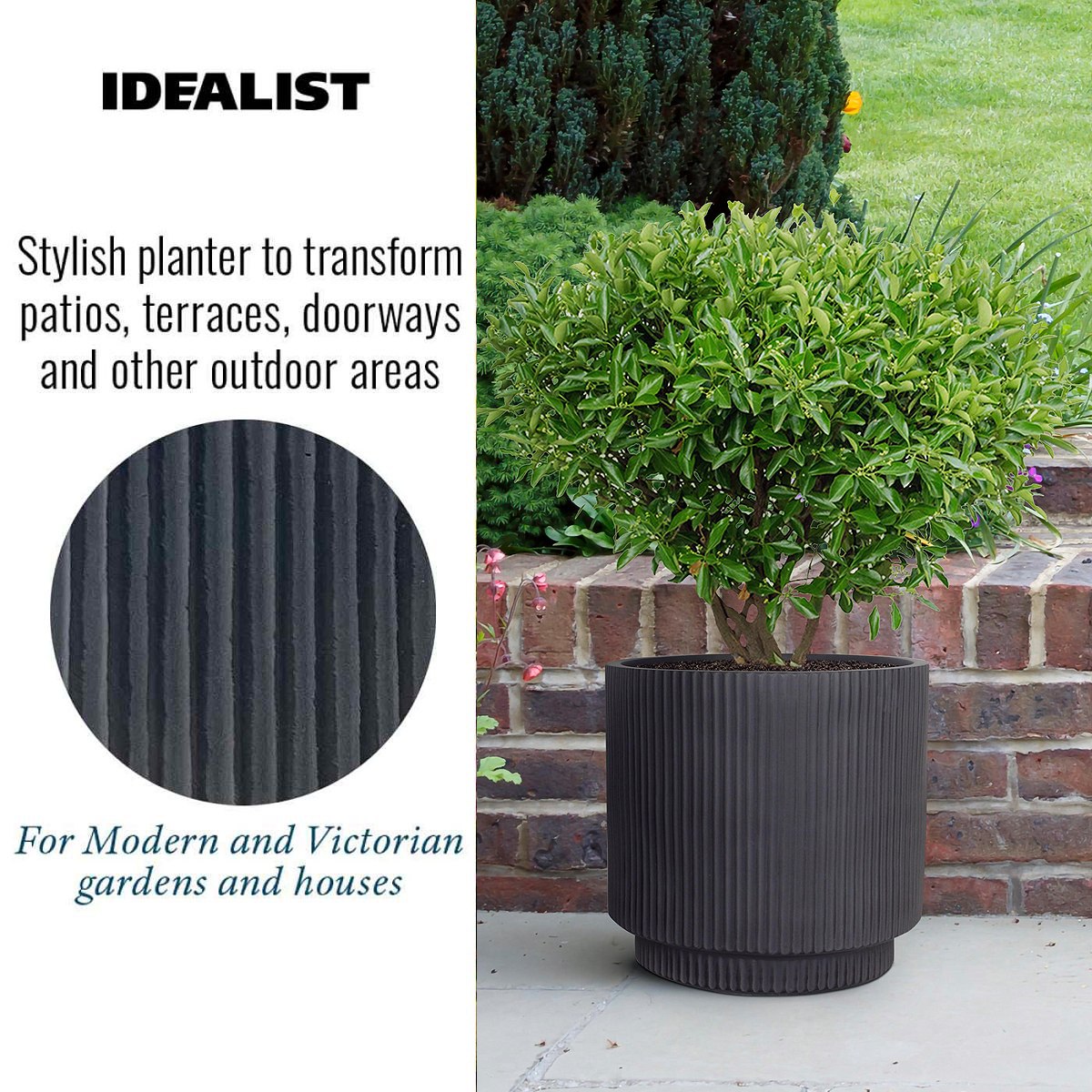 IDEALIST Lite Vertical Ribbed Black Cylinder Outdoor Planter  | S25343