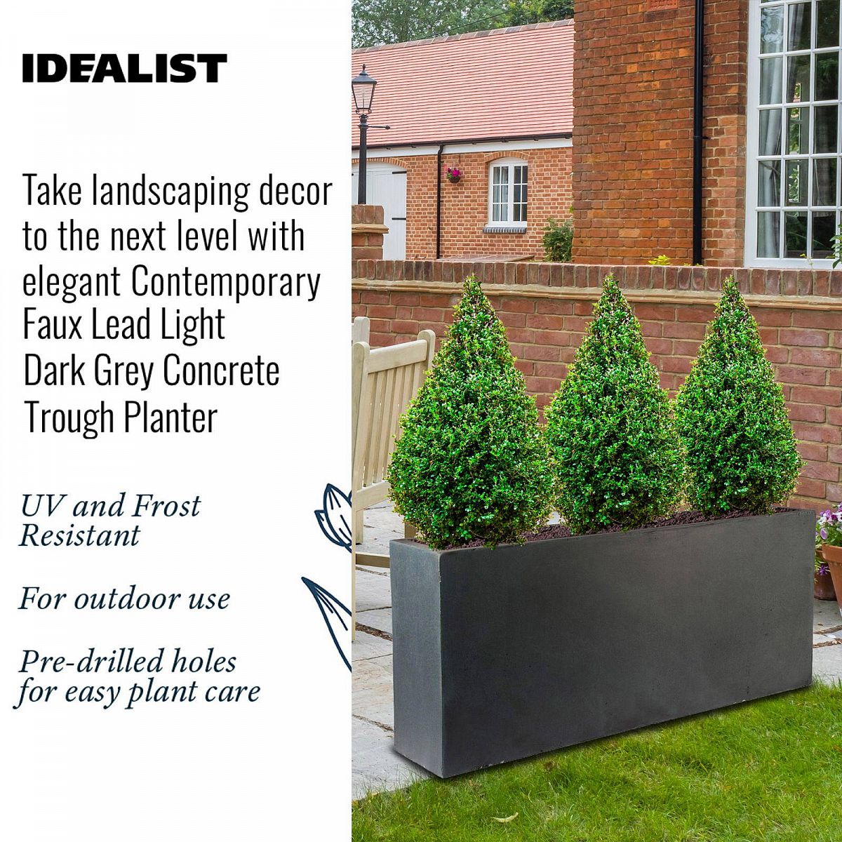 IDEALIST Lite Contemporary Trough Garden Planter, Faux Lead Light Concrete Outdoor Large  | S25348 | Plant Pot H41 L85 W26 cm, 91L