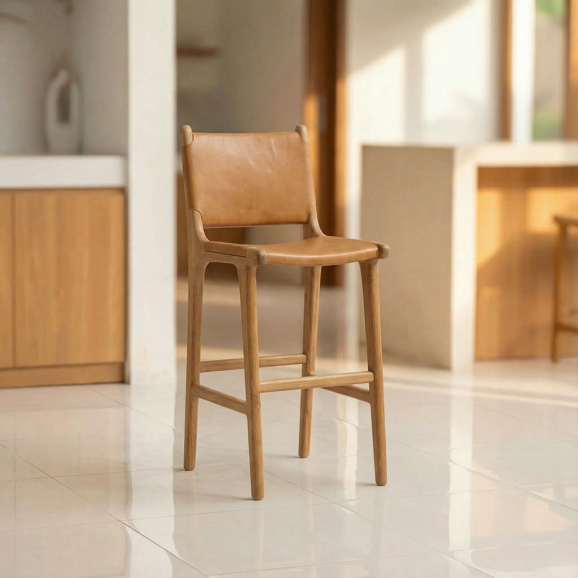 Zara Teak & Leather Bar Stool