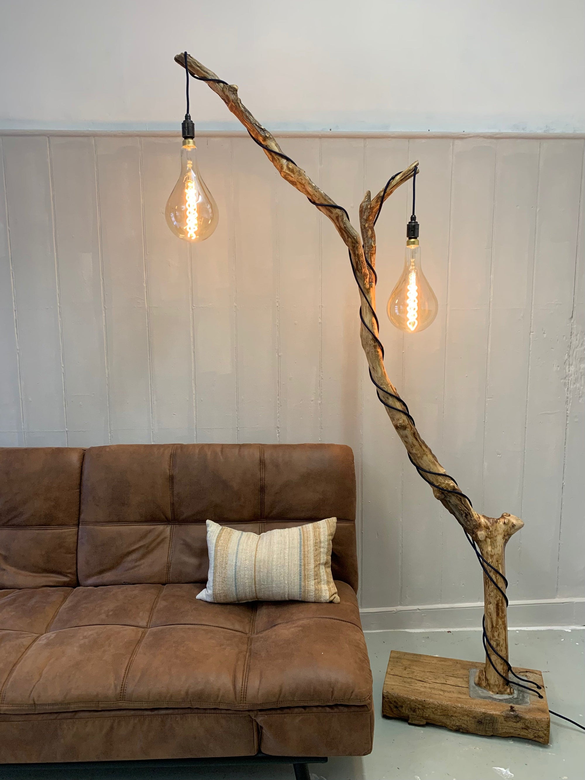 Charlotte – Double-Bulb Branch Floor Lamp with Reclaimed Timber Base  | S251489